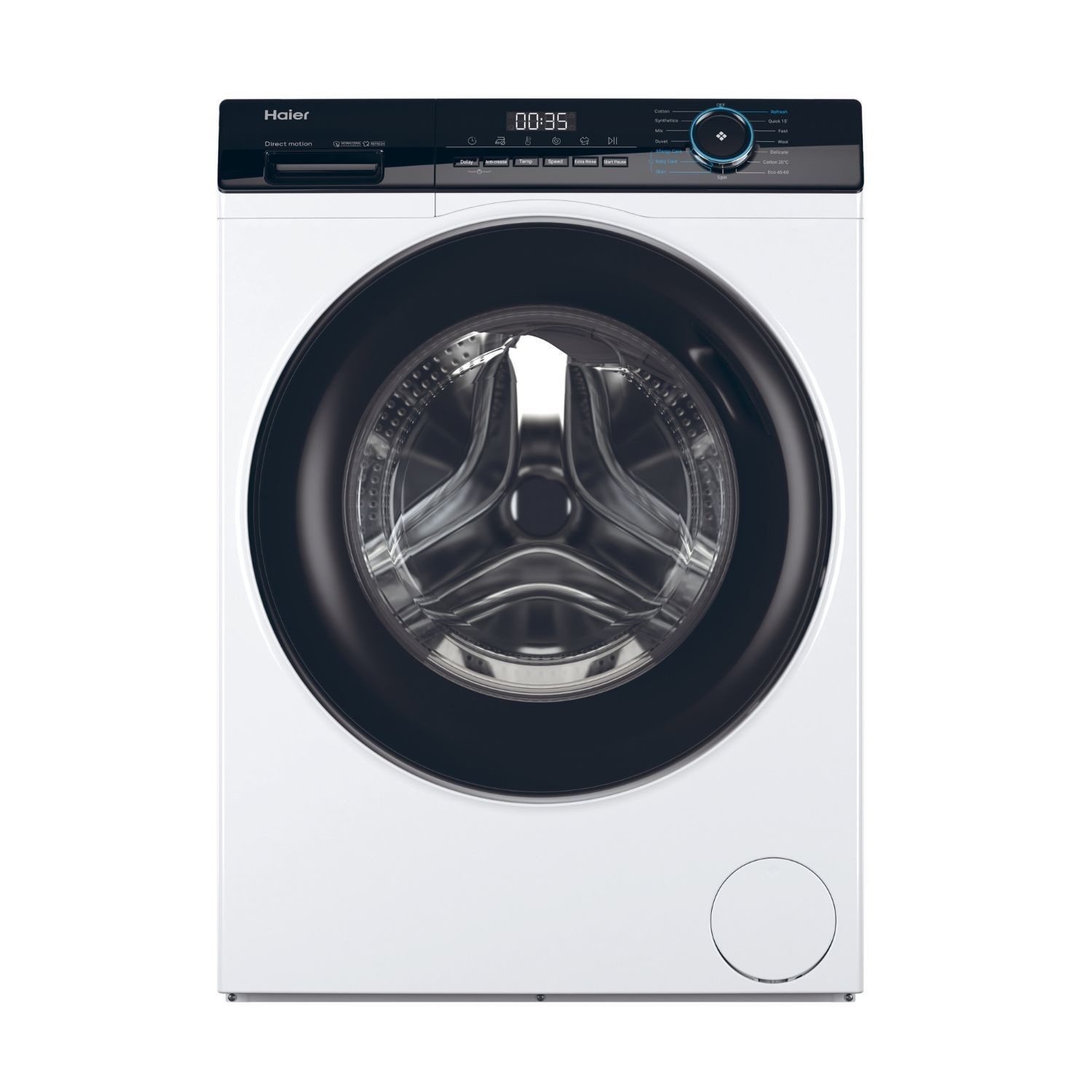 White Haier I-Pro Series 3 HW90-B16939 washing machine with a large glass door, digital display, control panel with buttons and a dial, and a capacity of 9KG and 1600RPM.