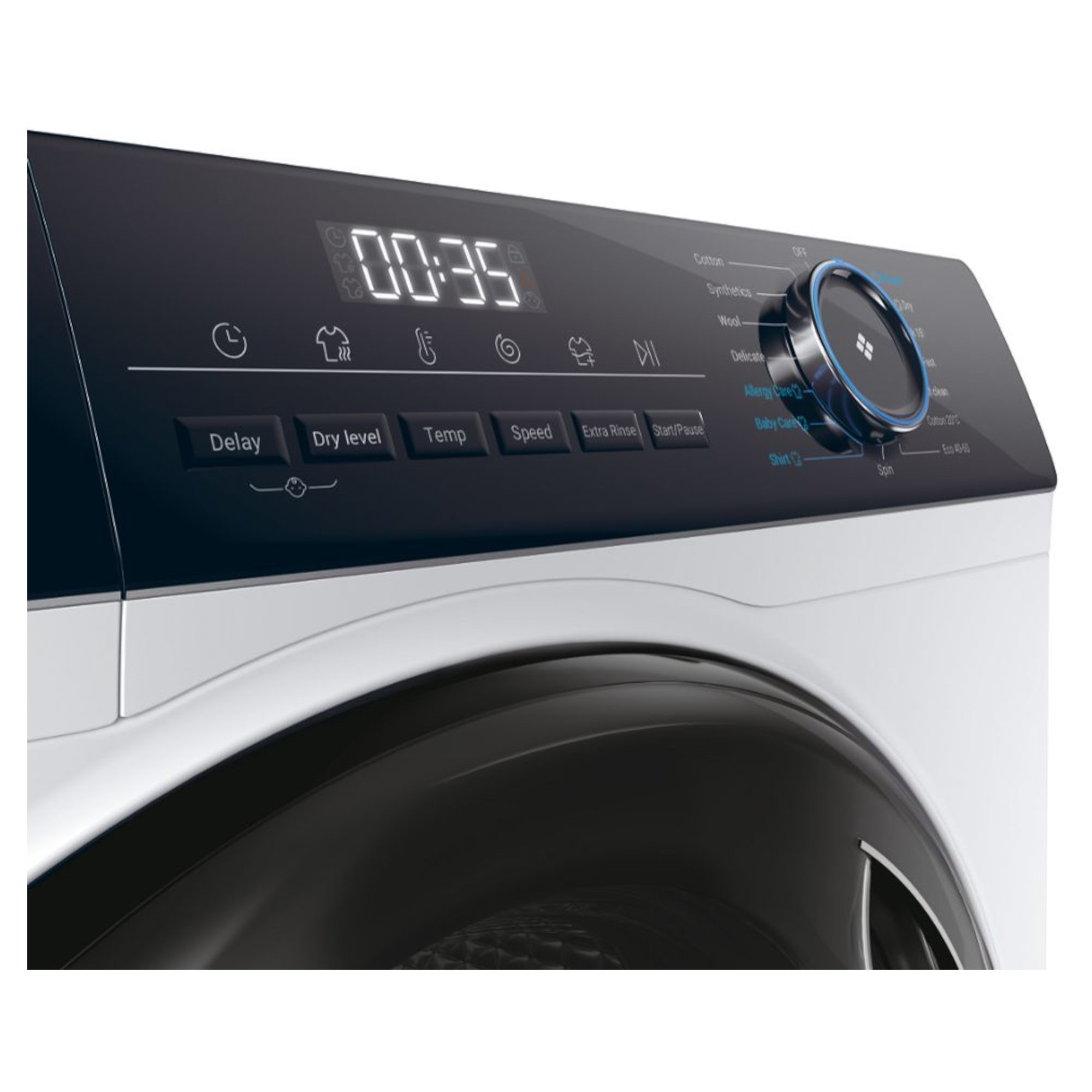 Freestanding white washer dryer with a digital control panel, featuring a blue dial, various settings icons, and a large display timer showing 00:35.