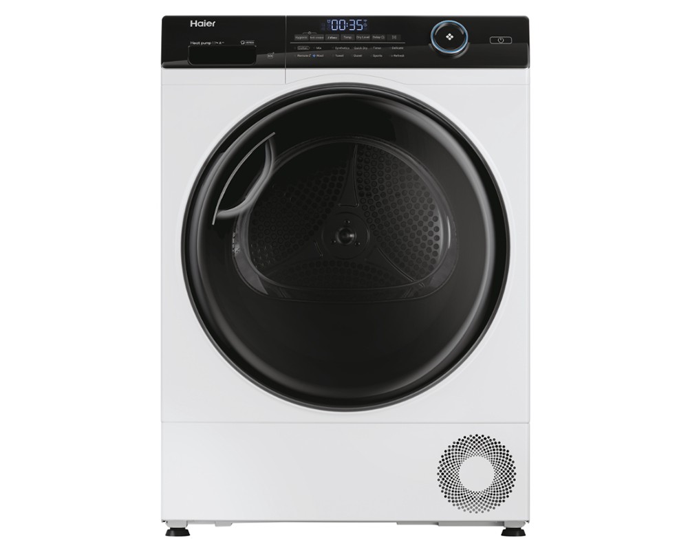 White Haier HD110 A2959E I Pro Series 5 heat pump condenser dryer with a large black door, digital display, and control panel featuring a circular dial and buttons.