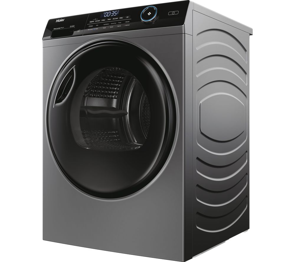 Anthracite-colored Haier I-Pro Series 5 HD90-A2959S 9KG tumble dryer with a large black door, digital control panel, and sleek design.