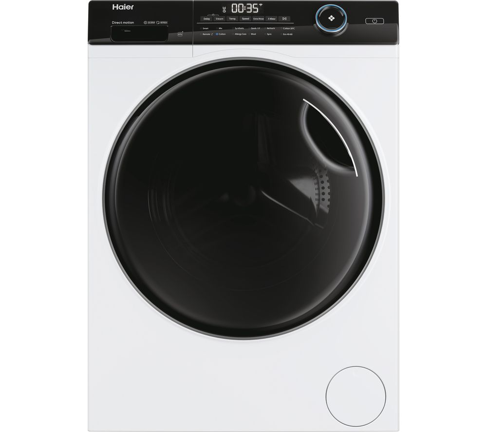 White front-loading washing machine with a large black circular door, digital display, and control panel featuring a blue dial and buttons.