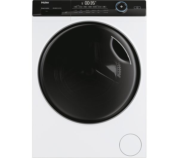 Front-loading washing machine in white with a large black circular door, digital display, and control panel featuring a blue dial and buttons.