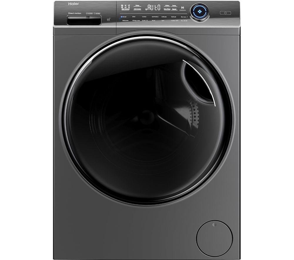 Anthracite-colored Haier I-Pro Series 7 washing machine features a large front-loading door, digital control panel with a blue dial, and a capacity of 11kg at 1400RPM.
