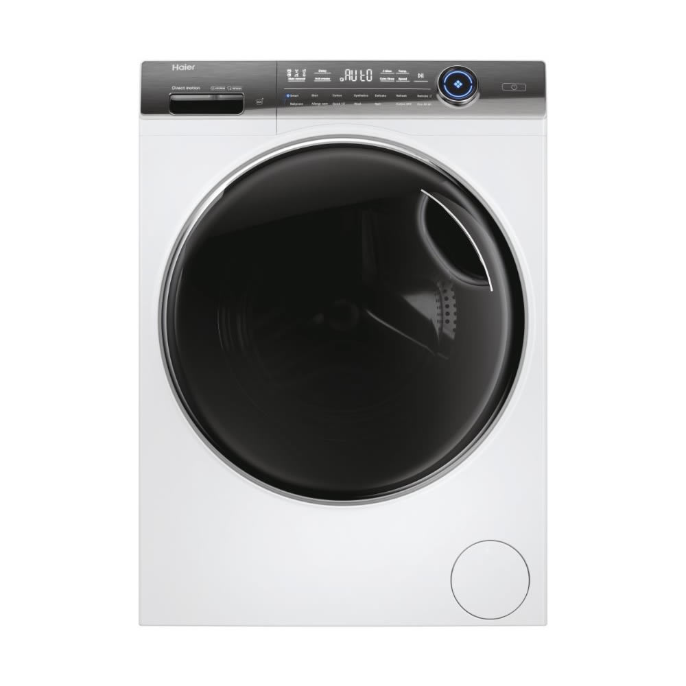 Front-loading washing machine in white with a large black glass door, digital control panel, and a blue illuminated dial for settings.