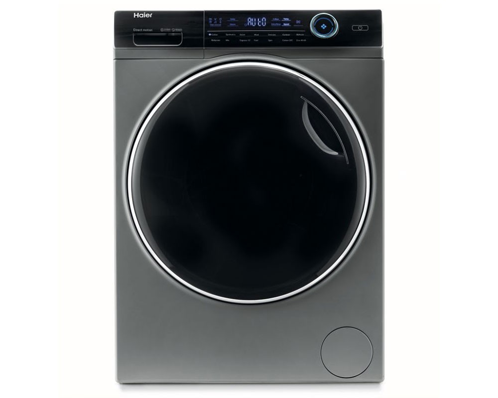 Freestanding graphite washing machine with a large black door, digital display, control dial, and a 10kg capacity, featuring a 1400rpm spin speed and energy-efficient A rating.