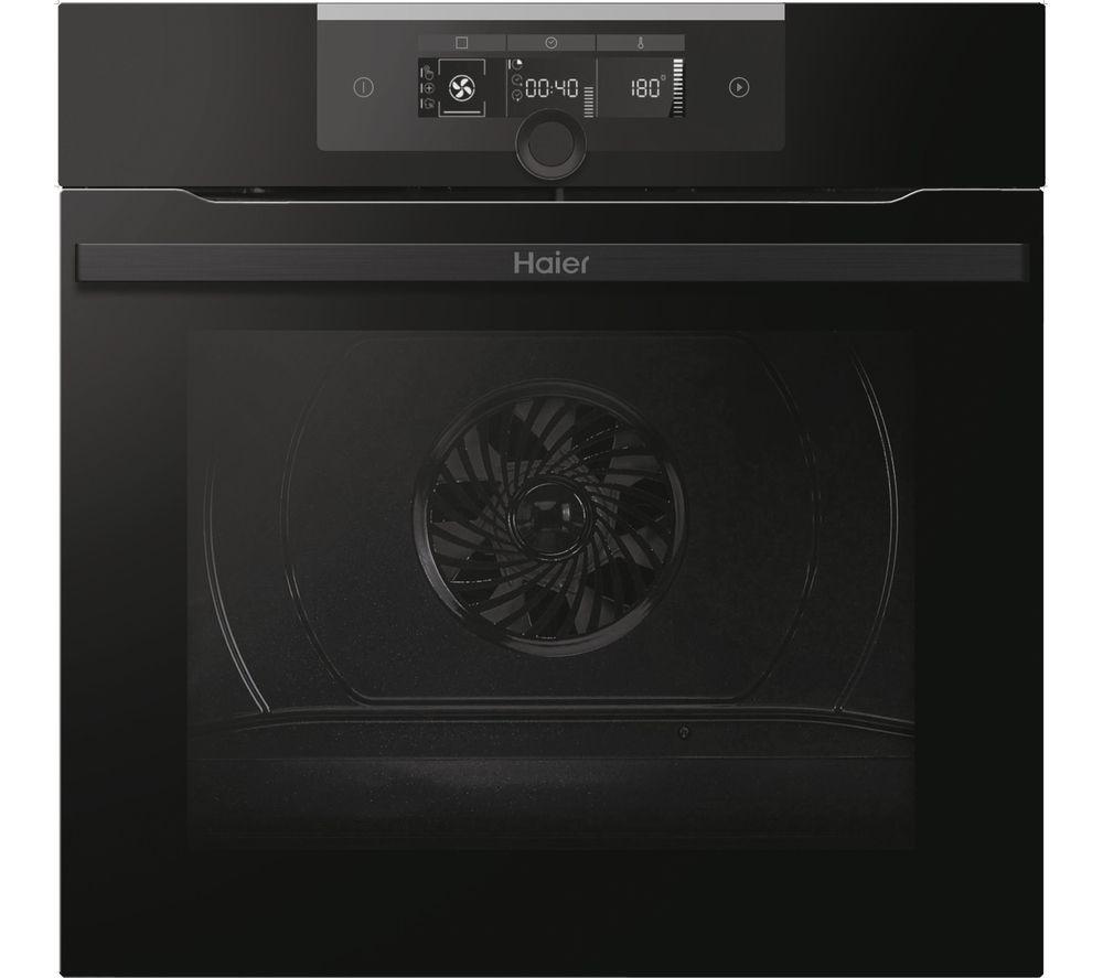 Black built-in oven with a sleek design, featuring a glass door, digital control panel, and a fan for even cooking, model Haier I-Turn Series 2 HWO60SM2F3BH, 68L capacity.