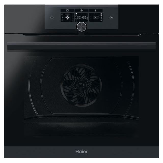 Black Haier I-Turn Series 6 oven with a 70L capacity, featuring a sleek glass front, digital control panel, and a visible fan inside for even cooking.
