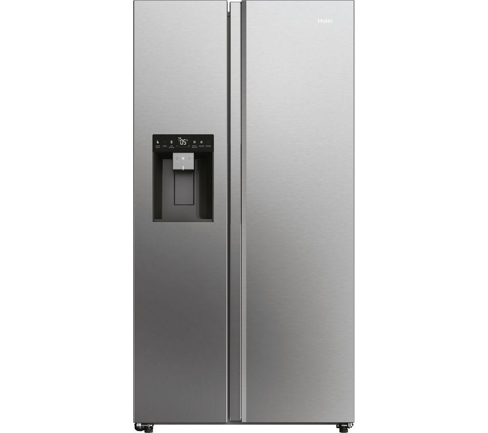 Platinum inox American-style smart fridge freezer with a sleek stainless steel finish, side-by-side doors, built-in water dispenser, and digital temperature display.