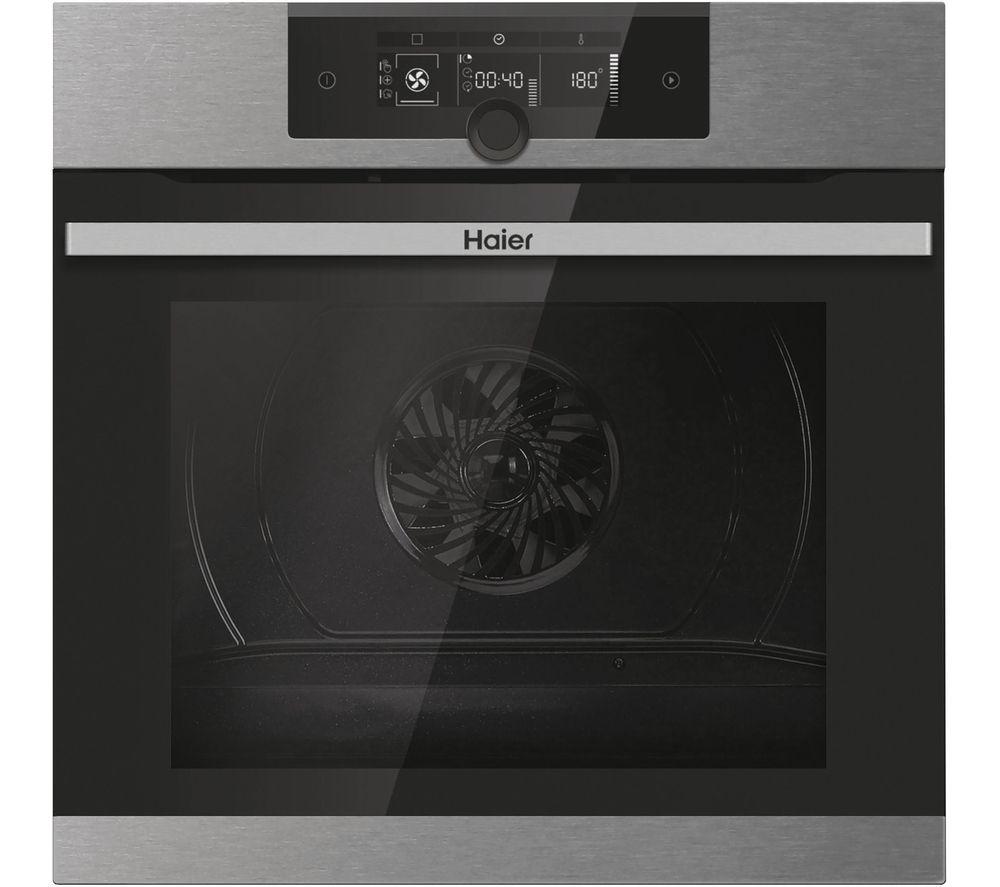 Stainless steel built-in oven with a sleek black glass door, digital control panel, and a visible fan for even cooking.