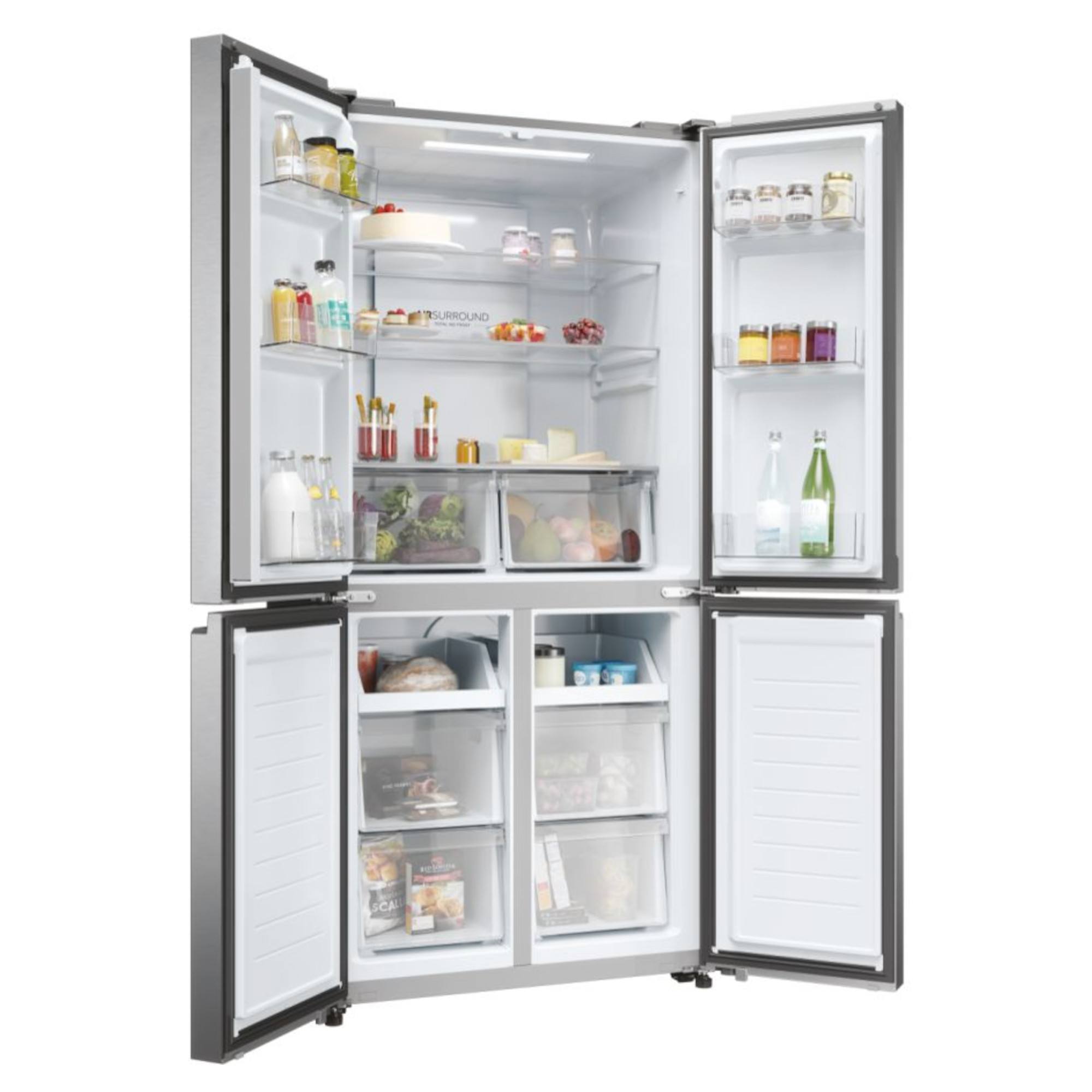 Silver multi-door fridge freezer with a No Frost feature, featuring clear shelves, storage bins, and various food items visible inside.