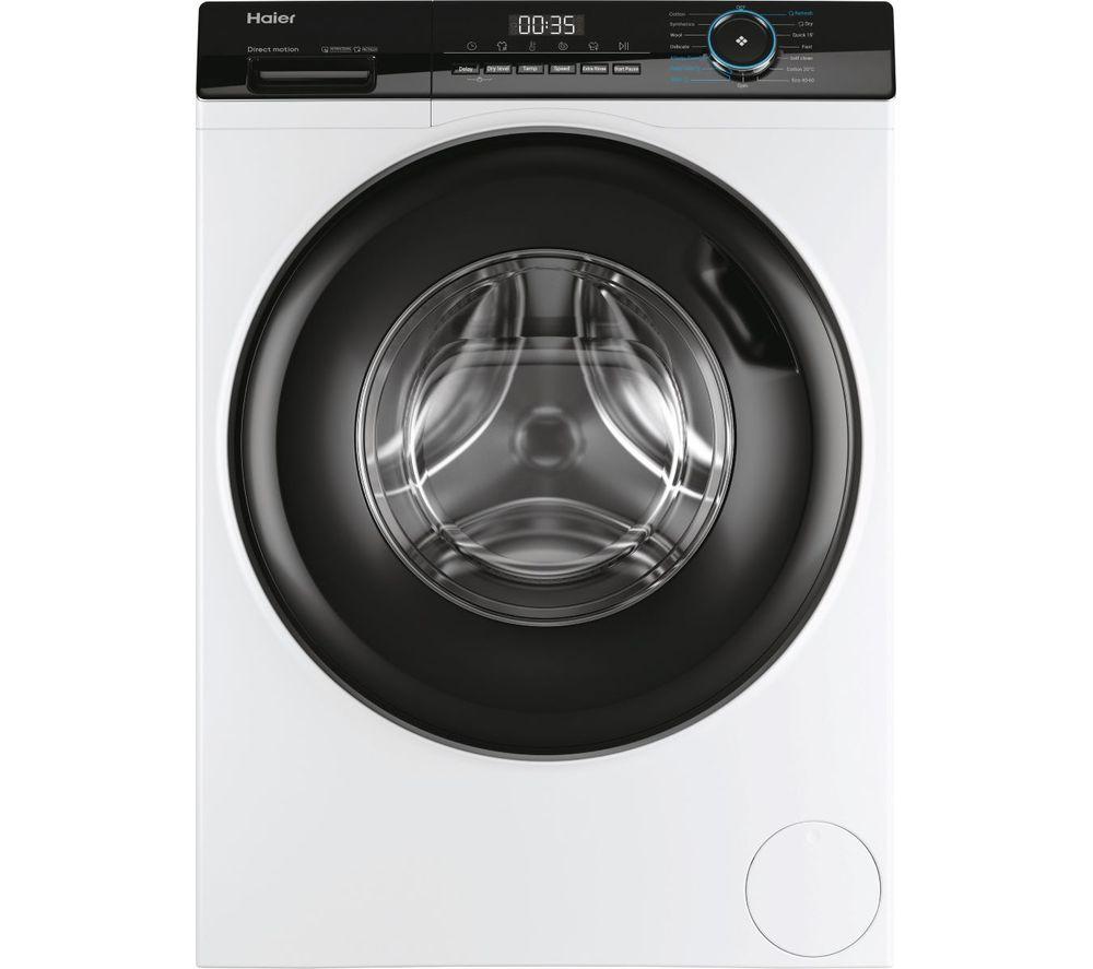 Front-loading washing machine in white with a large black circular door, digital display, and control panel featuring blue accents and various wash settings.
