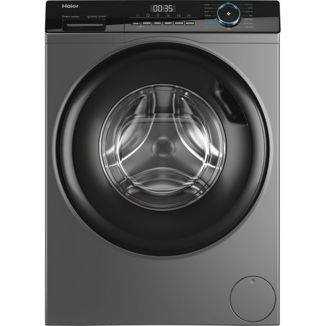 Anthracite-colored Haier Series 3 washer dryer with a large circular glass door, digital display, and control dial, featuring a 10kg wash and 6kg drying capacity at 1400 RPM.