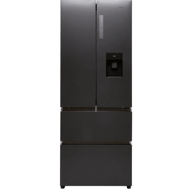 Black Haier FD 70 Series 5 French style American fridge freezer with a sleek design, featuring a water dispenser, two upper doors, and two lower freezer drawers.
