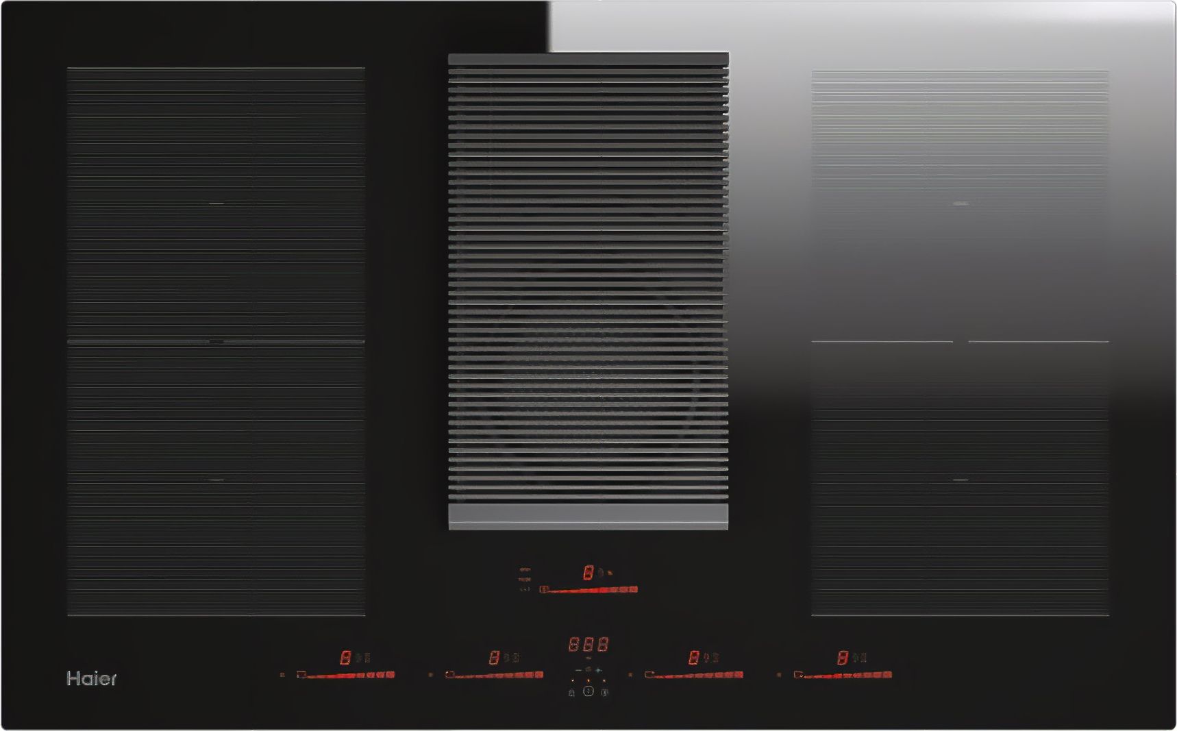 Black vented electric induction hob with three cooking zones, sleek glass surface, touch controls, and illuminated display for temperature settings.