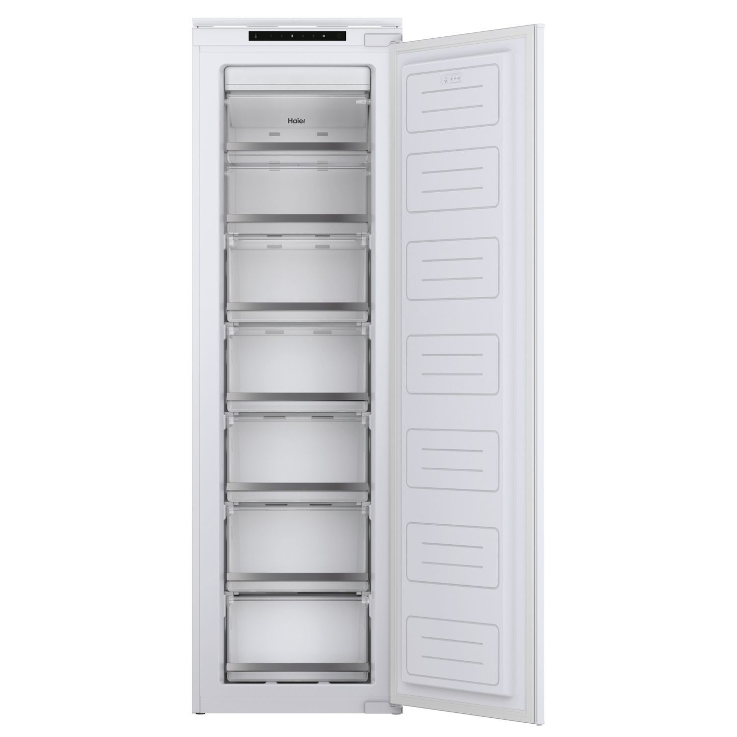 Haier Series 6 integrated in-column freezer in white, featuring a sleek design with a flat front, seven transparent drawers, and a digital control panel at the top.