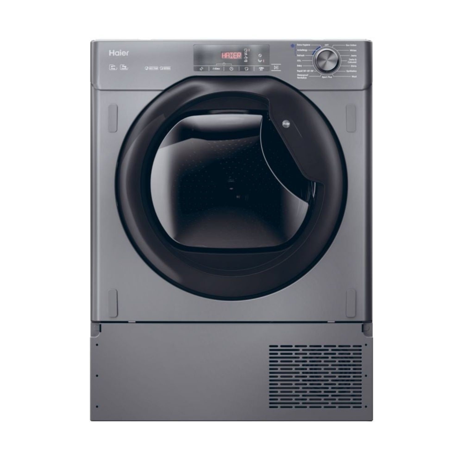 Graphite-colored built-in tumble dryer with a large black door, control panel featuring a digital display and dial, and a vented base for efficient drying.