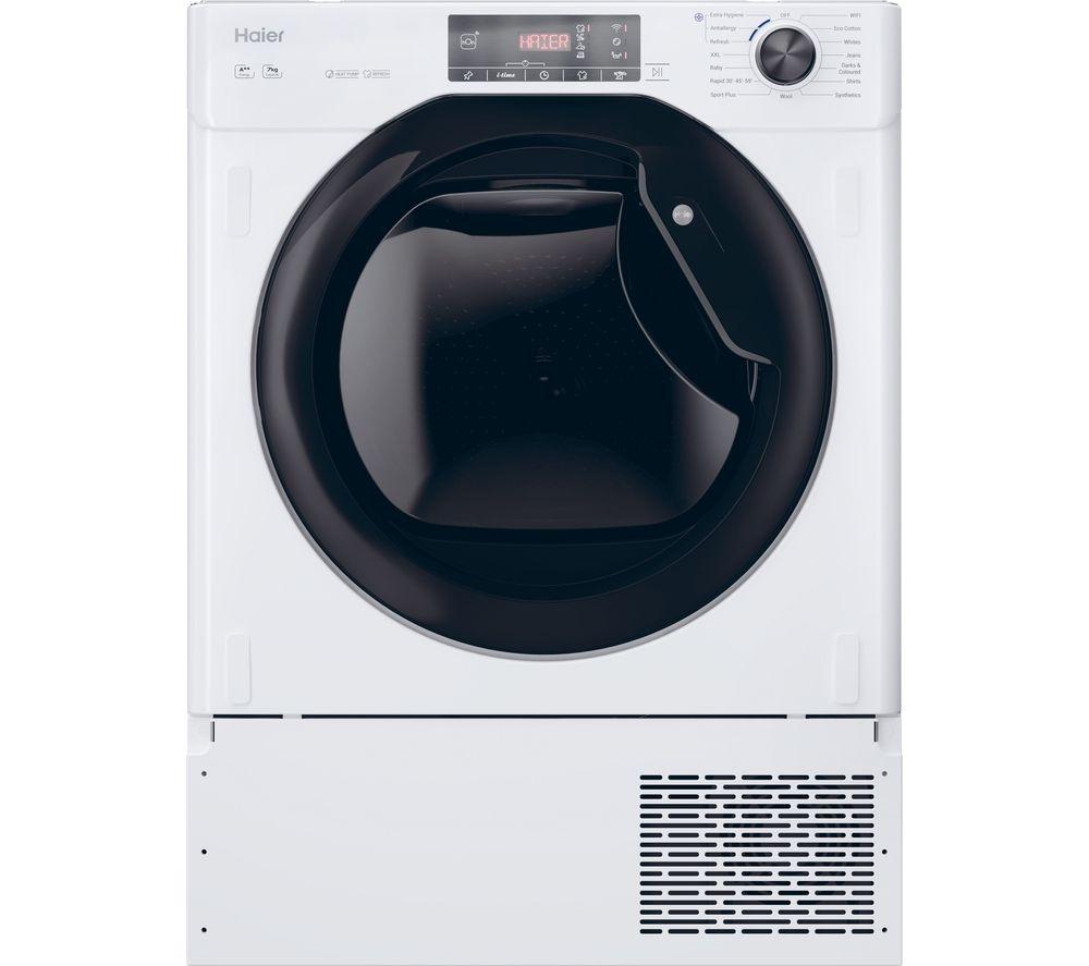 White built-in heat pump tumble dryer with a black door, digital control panel, and a sleek design, featuring a 7KG capacity and ventilation grille at the bottom.