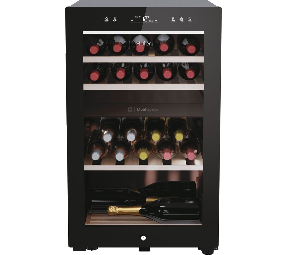 Black wine cooler with a glass door, featuring wooden shelves holding various wine bottles, and digital controls at the top for temperature settings.