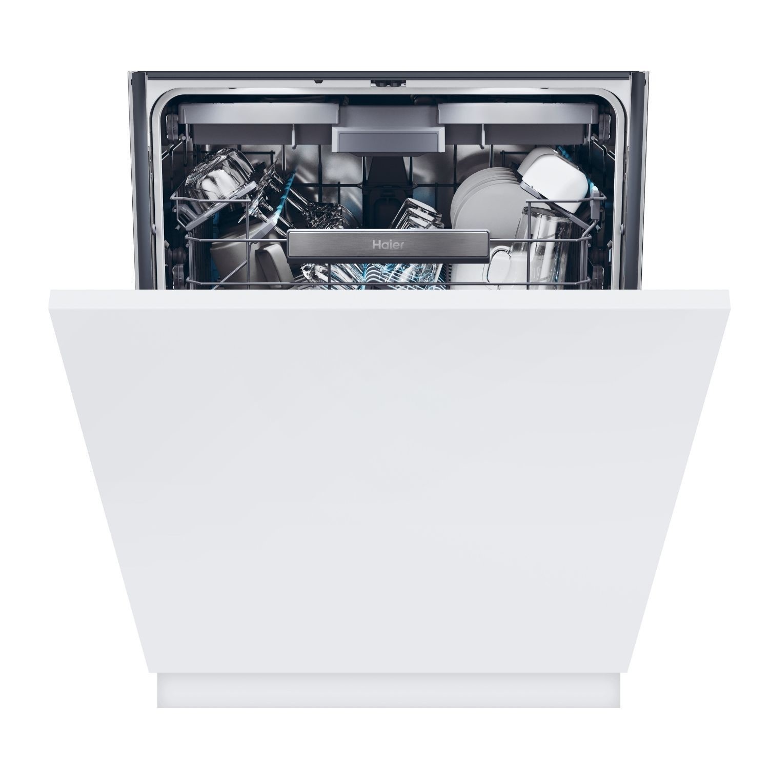 White built-in dishwasher with an open door showcasing a stainless steel interior, featuring racks filled with various dishes, glasses, and utensils.