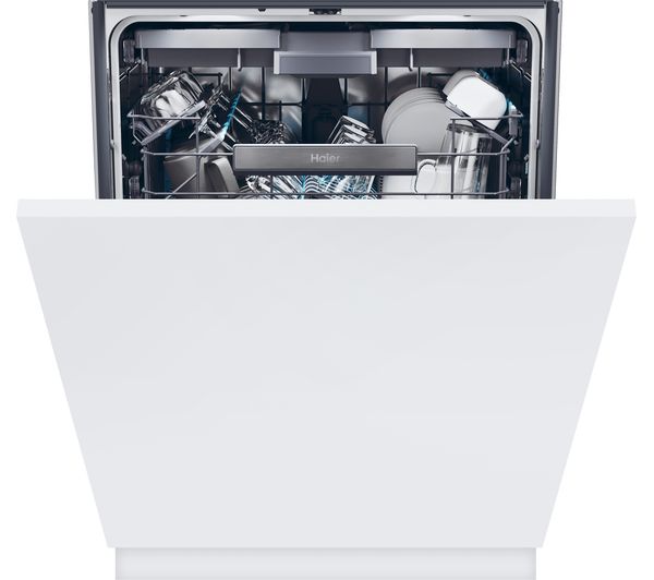 Fully integrated Haier XS6B0S3FSB-80 dishwasher in sleek white, showcasing a spacious interior with various dishes, glasses, and utensils organized in multiple racks.