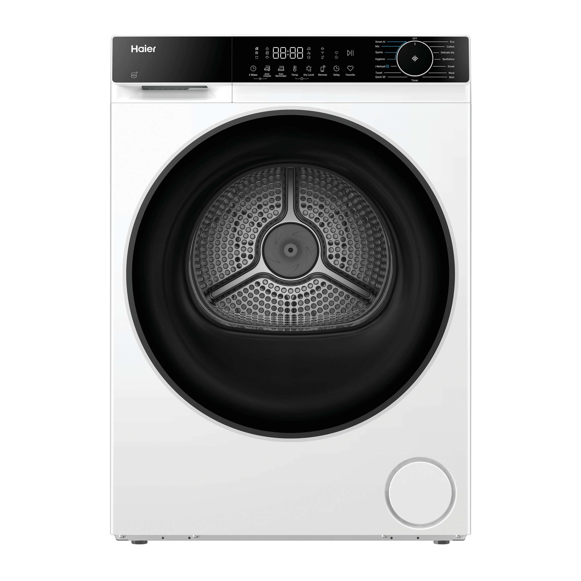 White front-loading dryer with a large black door, digital display, control panel featuring buttons and a dial, and a sleek modern design.