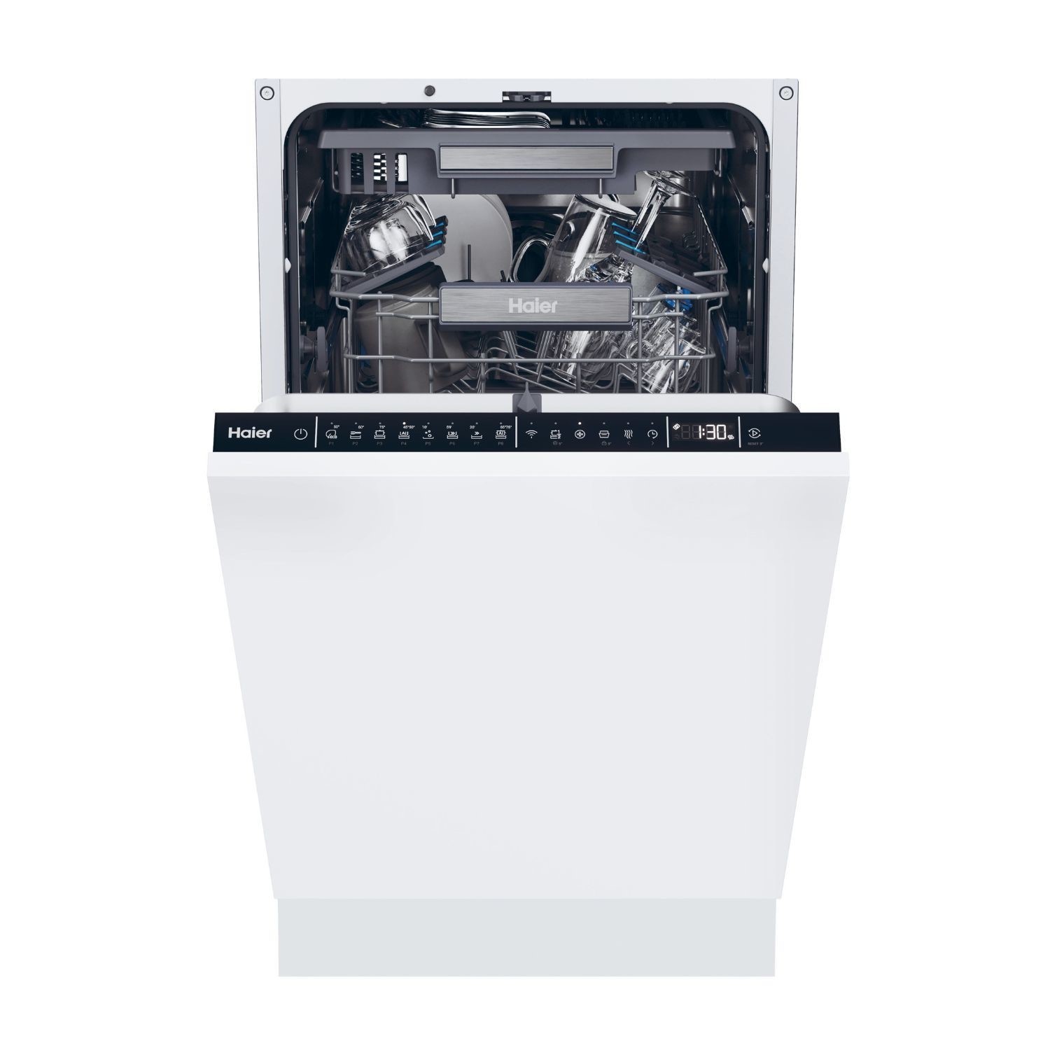 Slimline fully integrated dishwasher in white with a stainless steel interior, featuring WiFi connectivity and a digital display showing cycle time.