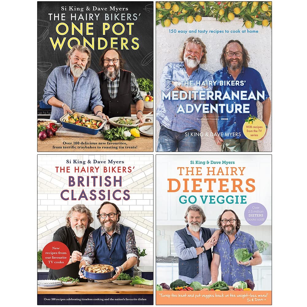 Four colorful cookbooks by the Hairy Bikers: "One Pot Wonders," "Mediterranean Adventure," "British Classics," and "The Hairy Dieters Go Veggie," featuring vibrant covers and cheerful authors.