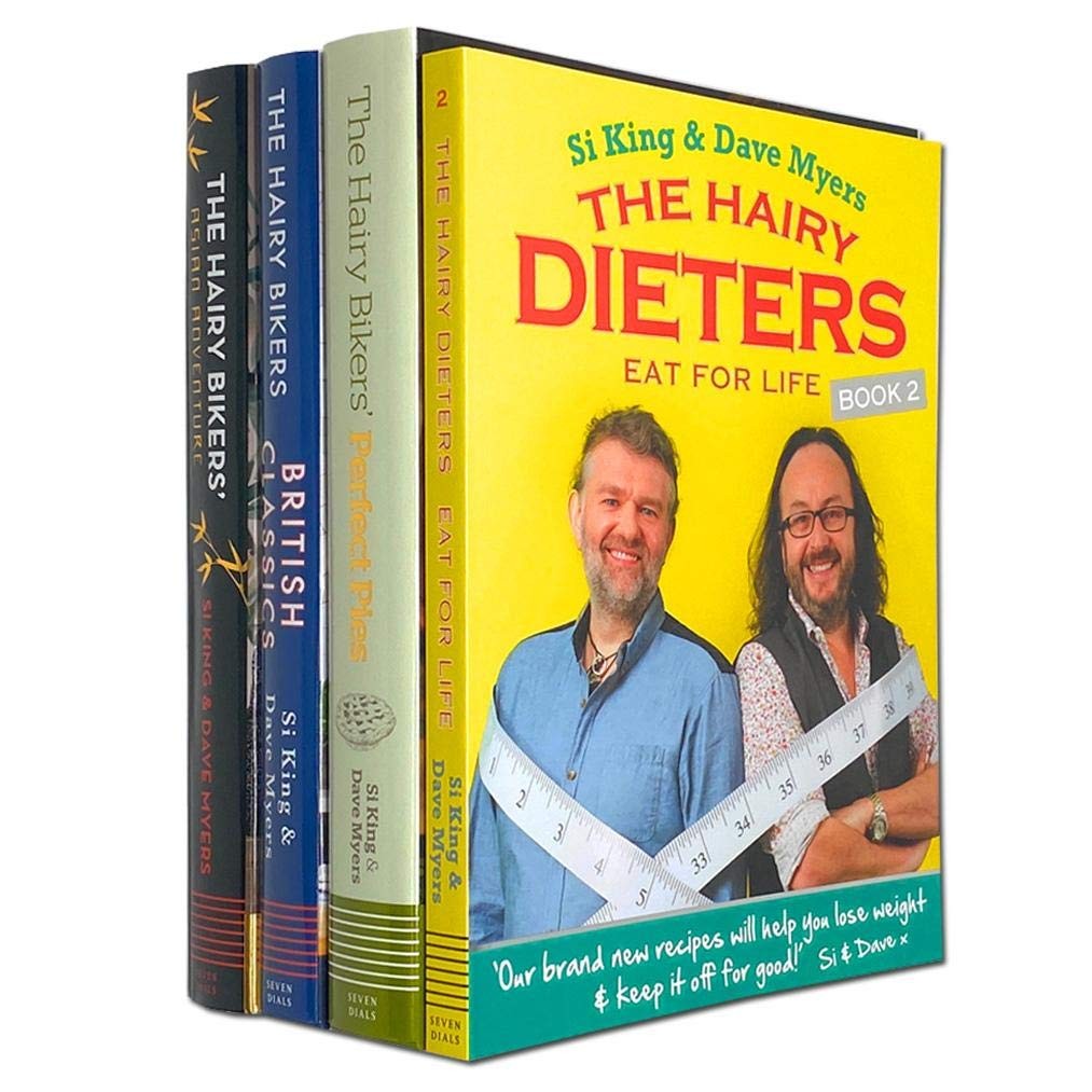 Four colorful recipe books featuring "The Hairy Bikers" collection, including titles like "Perfect Pies" and "British Classics," with vibrant covers and a mix of blue, green, and yellow hues.
