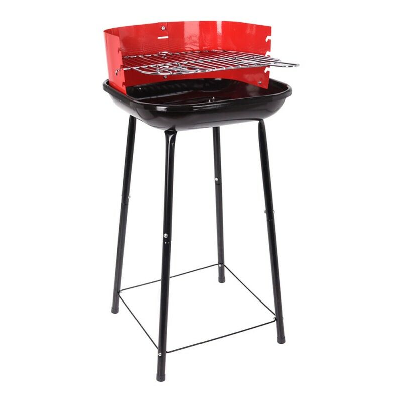 Barbecue grill with a red hood and black base, featuring a metal grilling rack, standing on four black legs, measuring 41x41x74cm.