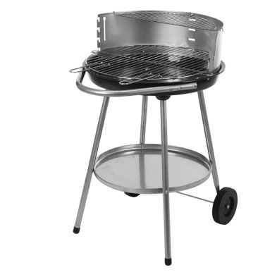 Round 51.5cm BBQ grill with a stainless steel cooking surface, adjustable grill height, a lower shelf for storage, and two wheels for mobility.