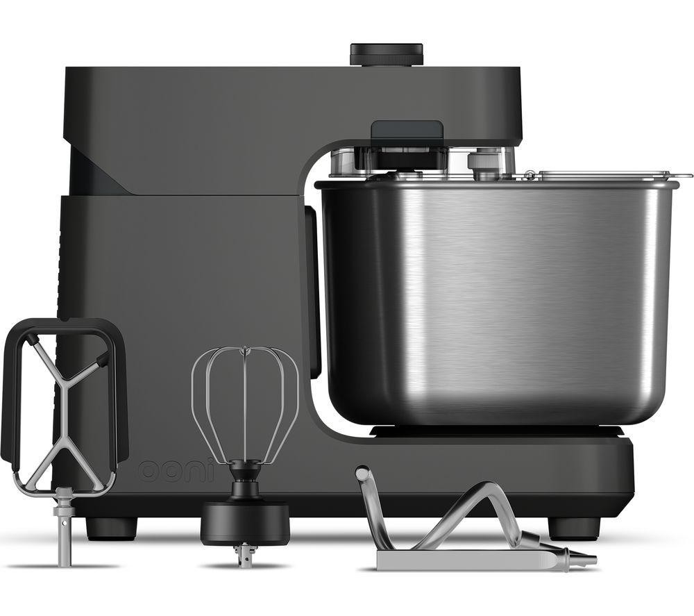 Dark grey Halo Spiral Mixer by Ooni features a sleek design, stainless steel bowl, and includes three attachments: a whisk, dough hook, and flat beater.