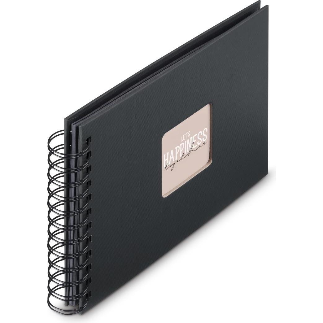 Black spiral-bound photo album featuring 50 sheets, with a front cover window displaying the text "LET'S HAPPINESS," designed for 10 x 15 cm photos.