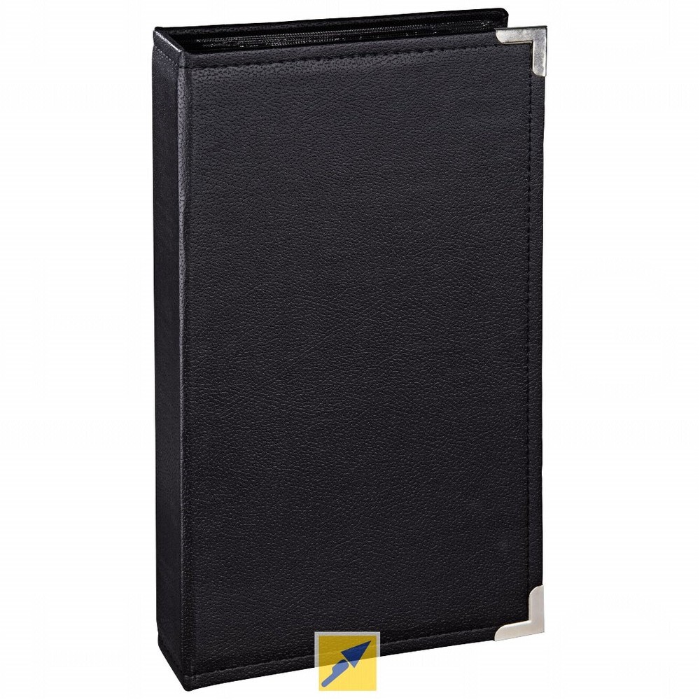 Black leather-like photo album with a sleek design, featuring a silver corner accent, holds 300 sheets for 10 x 15 cm photos, ideal for preserving memories.
