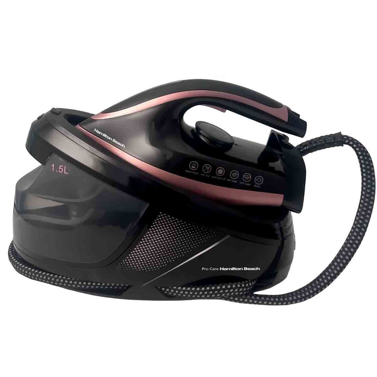 Black and gold steam generator iron with a 1.5L water tank, ergonomic handle, and control buttons on top for steam settings.