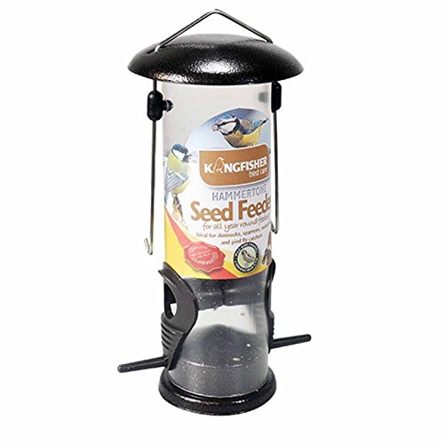 Deluxe 20cm black hammertone seed feeder with a transparent tube, featuring a hanging hook and metal seed ports for wild birds.