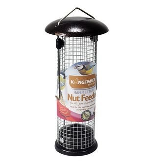 Premium bird nut feeder with a hammertone finish, featuring a cylindrical metal design, wire mesh body, and a black cap, ideal for attracting various bird species.