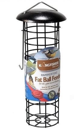 Black metal bird feeder with a hammertone finish, cylindrical shape, featuring a wire mesh design and a hook for hanging, labeled "Kingfisher Fat Ball Feeder."