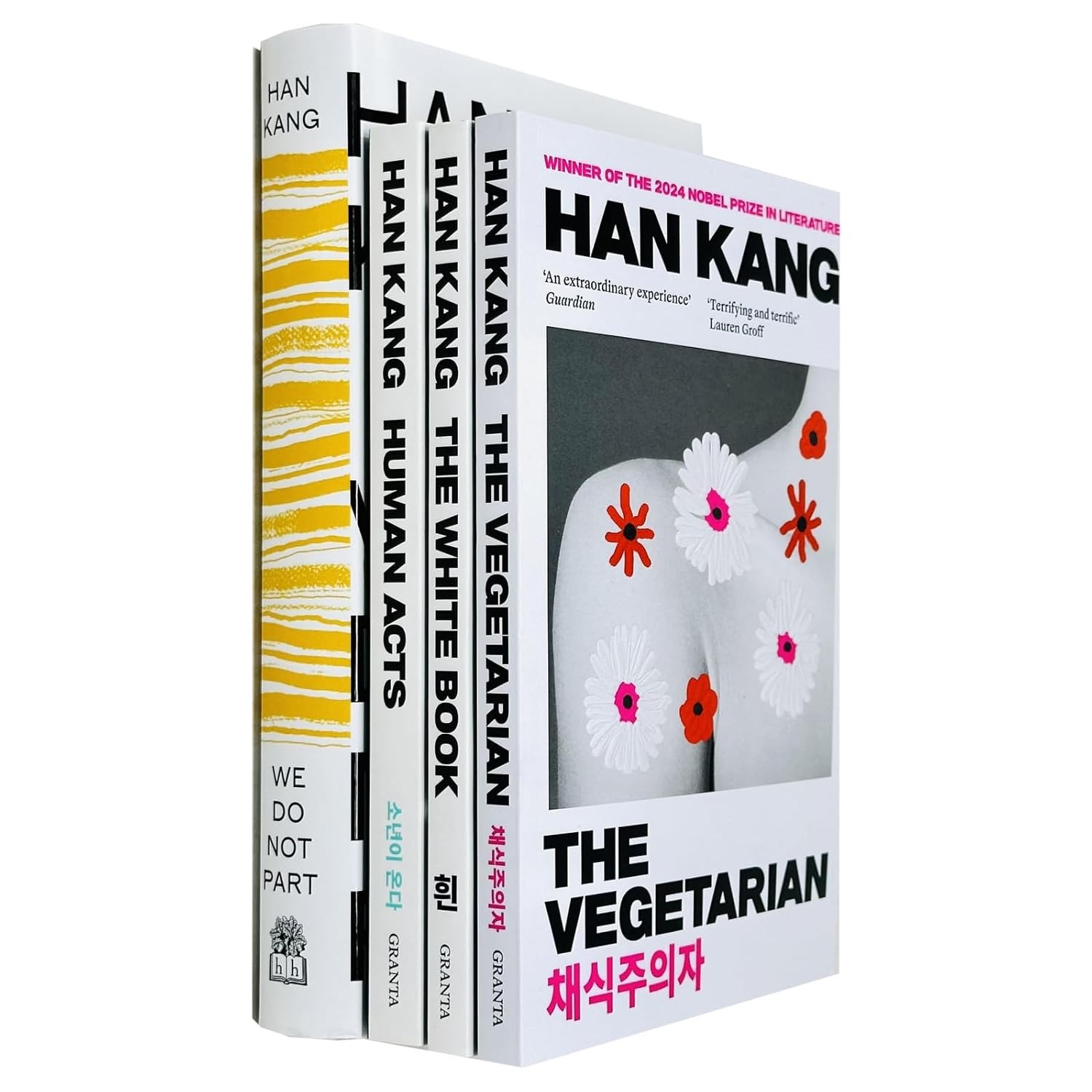 Four paperback books by Han Kang, featuring colorful covers with floral designs, titled "We Do Not Part," "Human Acts," "The Vegetarian," and "The White Book," stacked together.