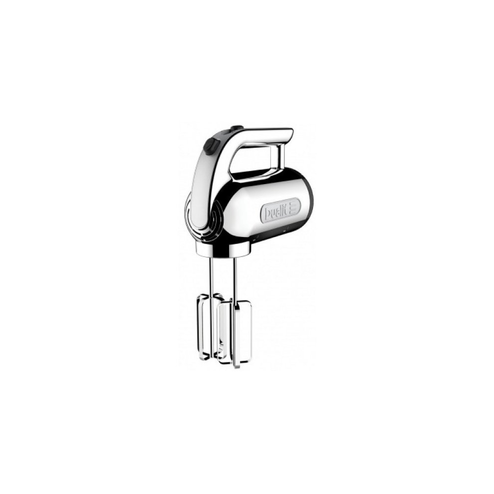 Polished silver Dualit DA9300 hand mixer with a sleek design, featuring a comfortable handle and chrome beaters, ideal for efficient mixing and blending.