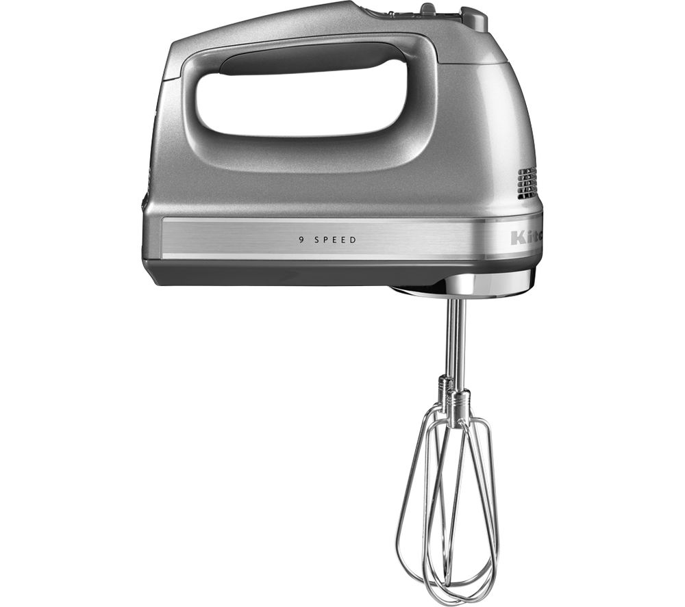 Contour silver hand mixer by KitchenAid featuring a sleek design, a comfortable grip, and a 9-speed setting with stainless steel beaters.