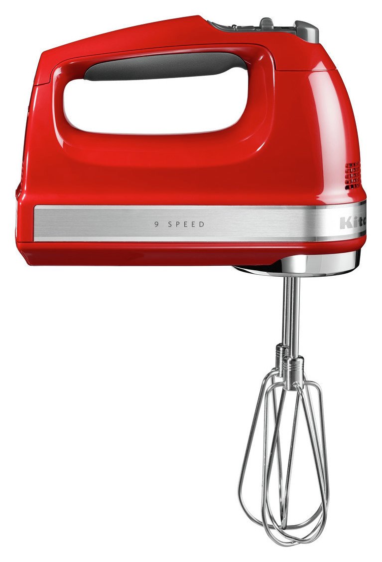 Bright empire red hand mixer with a sleek design, featuring a stainless steel band, nine-speed settings, and chrome beaters for efficient mixing.