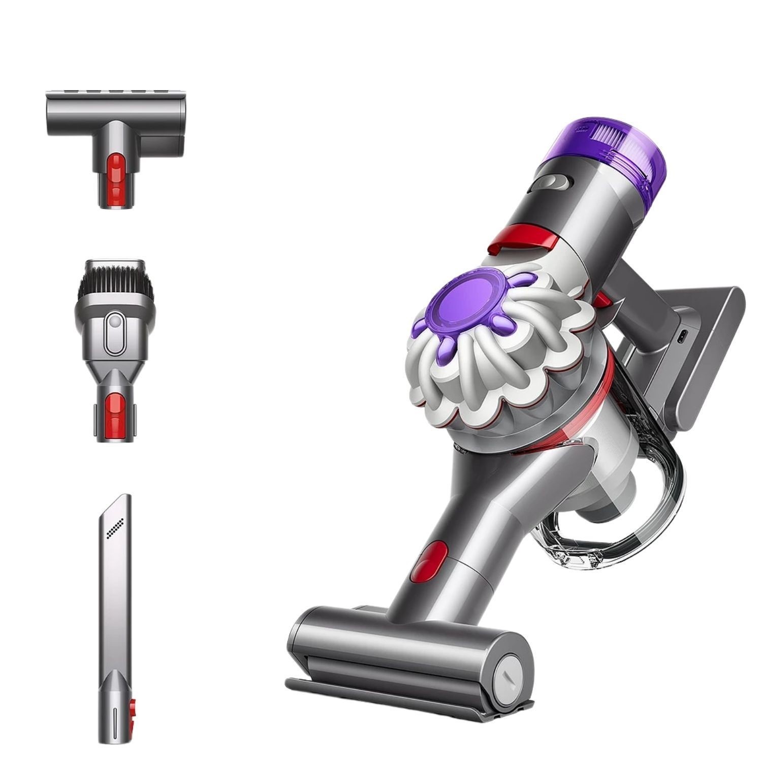 Dyson CarBoat handheld vacuum cleaner in grey with purple and red accents, featuring multiple attachments for versatile cleaning.