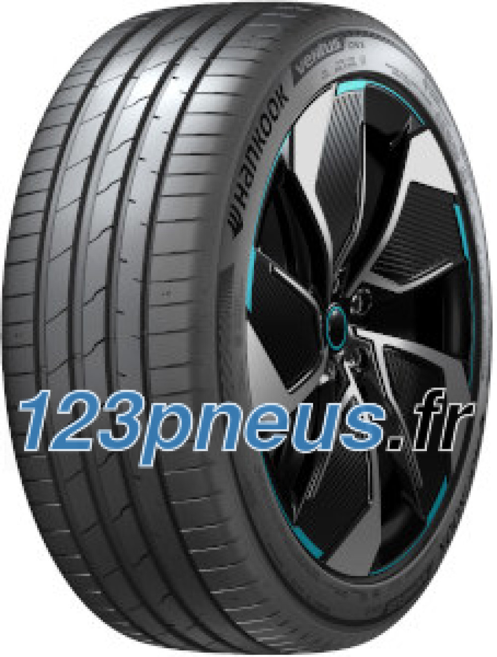 Hankook ION Evo tire in size 235/55 ZR19, featuring a sleek black design with blue accents, rim protection, and a sound-absorbing material for EVs and SUVs.