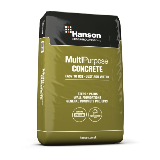 Green and white plastic bag containing 20kg of Hanson Maxipack Multi Purpose Concrete, featuring the brand name and product details prominently on the front.