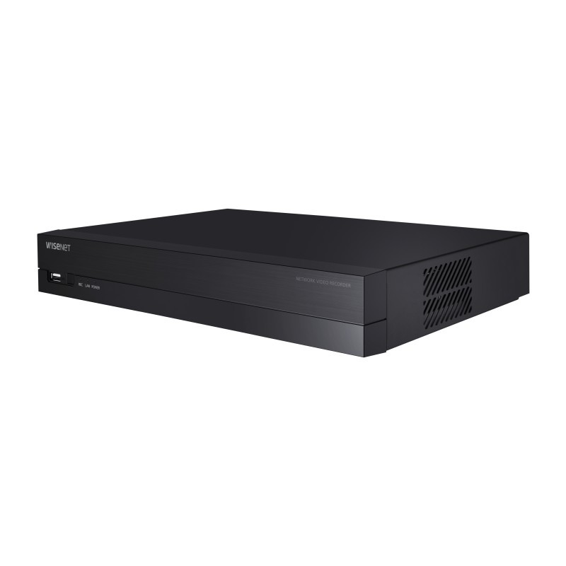 Black Hanwha ARN-1610S Network Video Recorder with a sleek design, featuring USB ports and ventilation grilles on the side for efficient cooling.