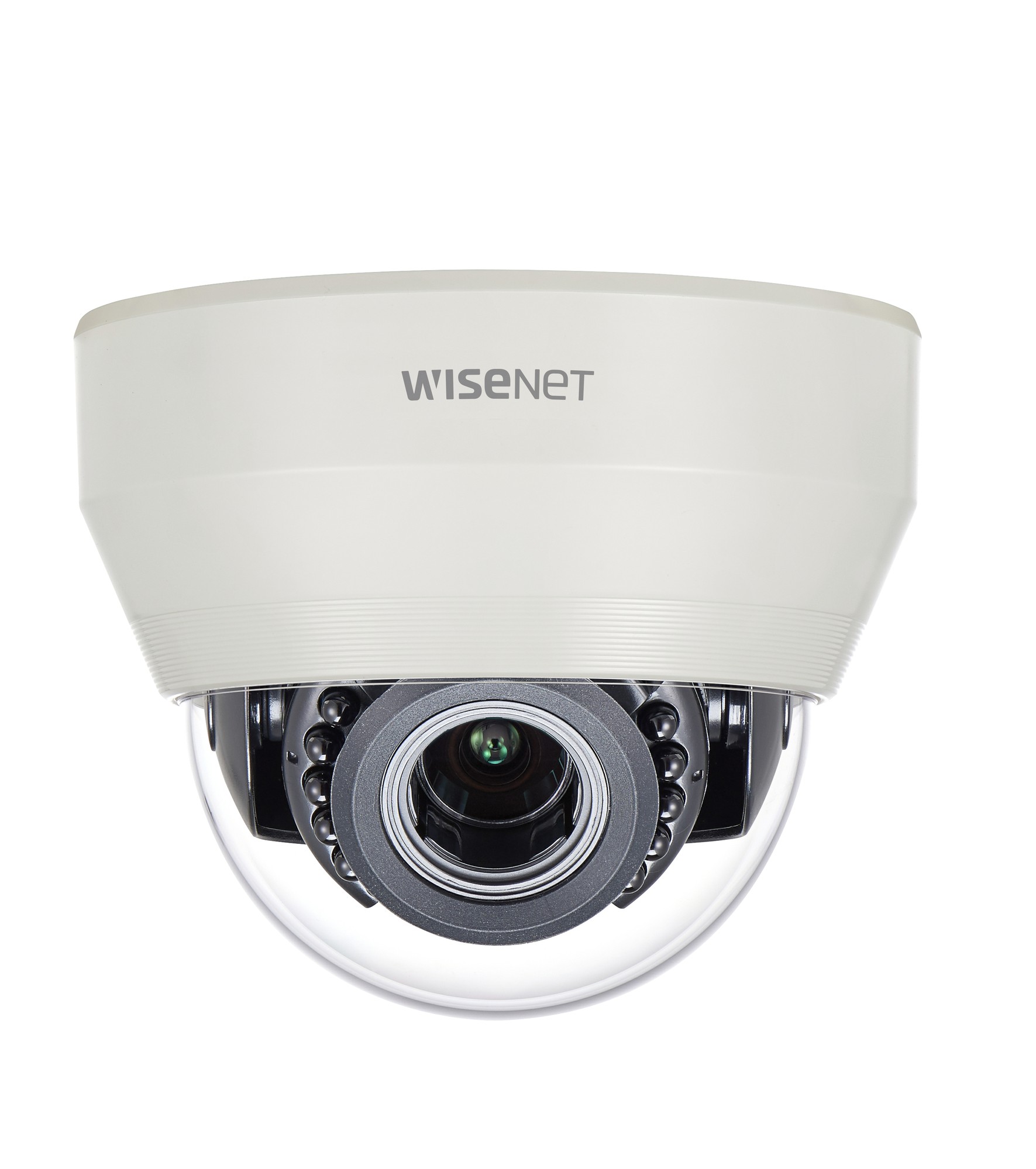 White dome-shaped CCTV security camera with a clear lens, featuring a black circular camera housing and the "Wisenet" logo prominently displayed on the top.