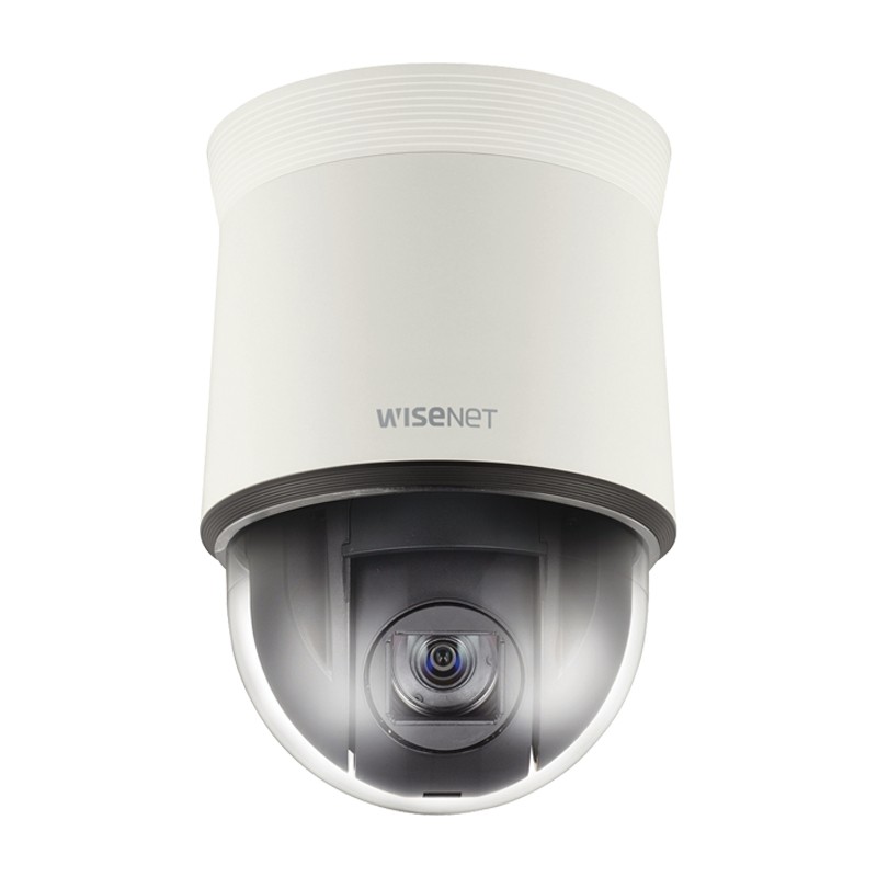 White dome CCTV security camera with a sleek design, featuring a clear lens at the bottom and a textured top, labeled "Wisenet" for brand identification.