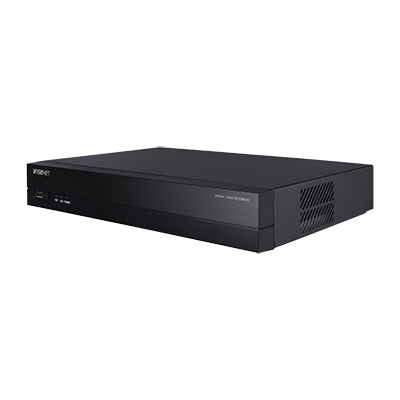 Black Hanwha HRX-434 Digital Video Recorder with a sleek design, featuring USB ports and ventilation grilles on the side for efficient cooling.
