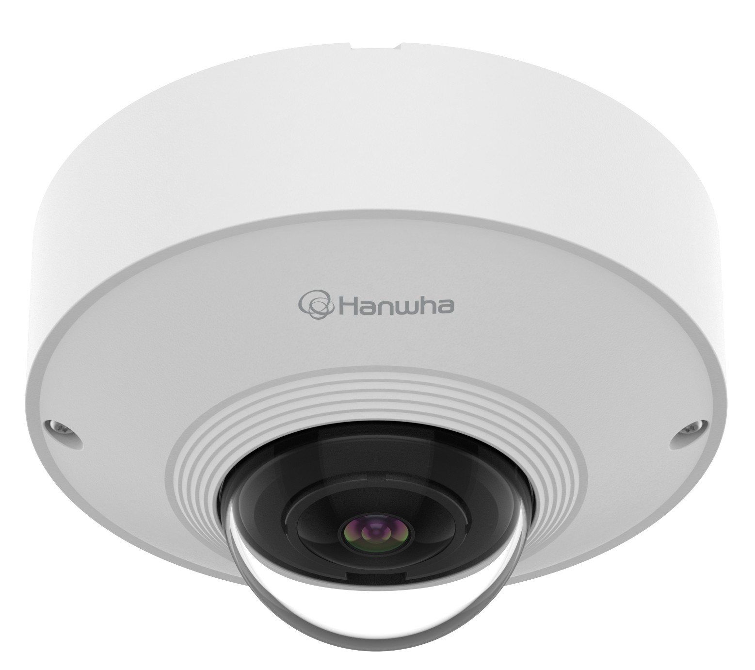 White dome-shaped indoor security camera with a sleek design, featuring a prominent lens at the center and the Hanwha logo on the body.