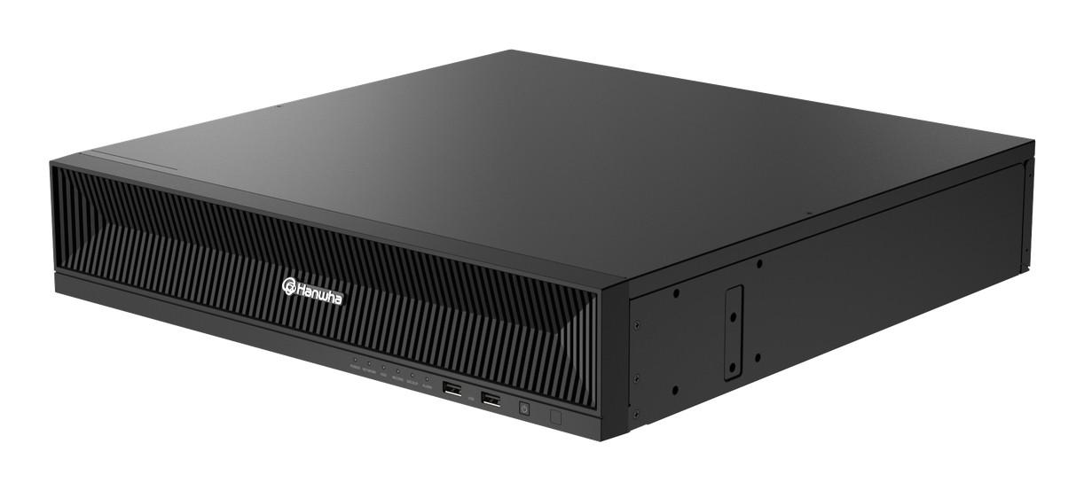 Black Hanwha XRN-6420B2 NVR with a sleek design, featuring a ribbed front panel, multiple USB ports, and ventilation slots for efficient cooling.